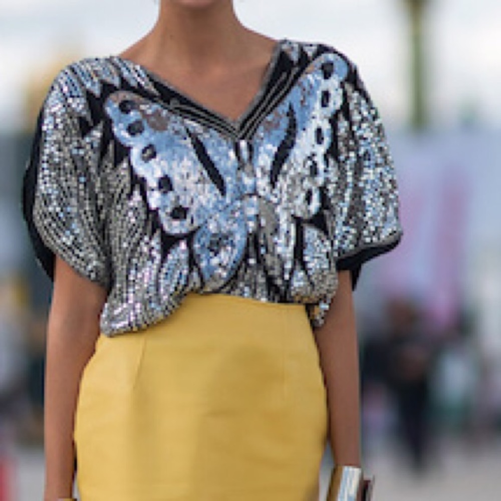 Vintage Silver Sequin Butterfly Blouse with Black Accents